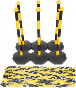 Yellow & Black Plastic Chain Post Set, Safety Chain Barrier Post Pole with Base and 15mtr Plastic Chain
